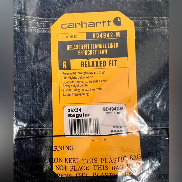 NWT - CARHARTT RELAXED FIT FLANNEL-LINED 5-POCKET JEAN - 36Wx34L - Picture 3 of 5